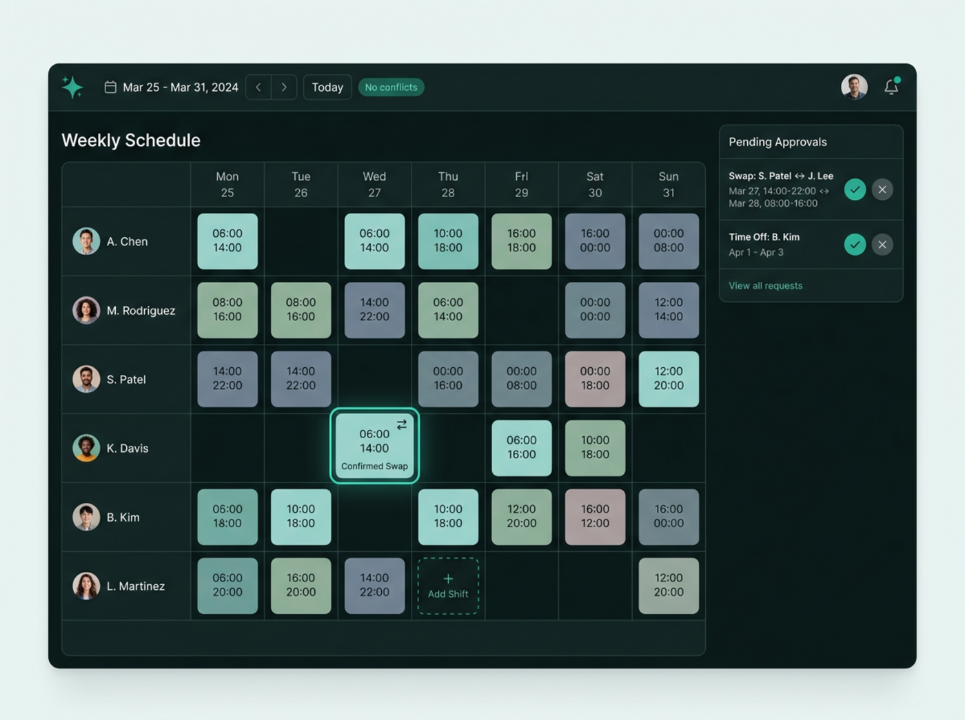 TimeTK weekly shift planner with conflict-free schedule and pending approvals